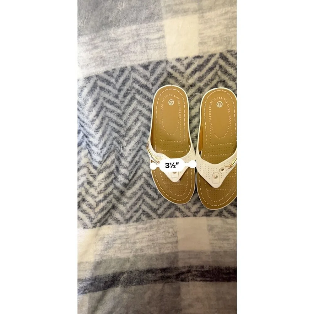 Embellished White Flip Flops, Size 37/6.5, New, Faux Leather